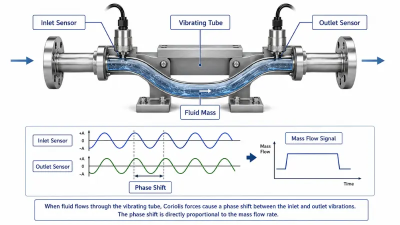 Technical cutaway showing how phase shift in a vibrating tube creates the Coriolis mass flow signal Technical cutaway showing how phase shift in a vibrating tube creates the Coriolis mass flow signal