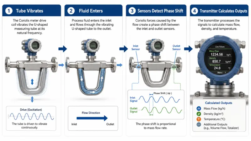 Four-step infographic explaining how a Coriolis flow meter vibrates, detects phase shift, and calculates mass flow Four-step infographic explaining how a Coriolis flow meter vibrates, detects phase shift, and calculates mass flow