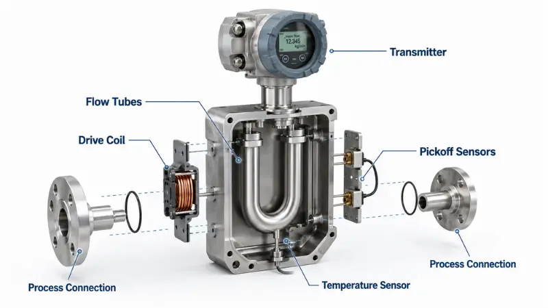 Exploded view of Coriolis mass flow meter components including flow tubes, sensors, drive coil, and transmitter Exploded view of Coriolis mass flow meter components including flow tubes, sensors, drive coil, and transmitter