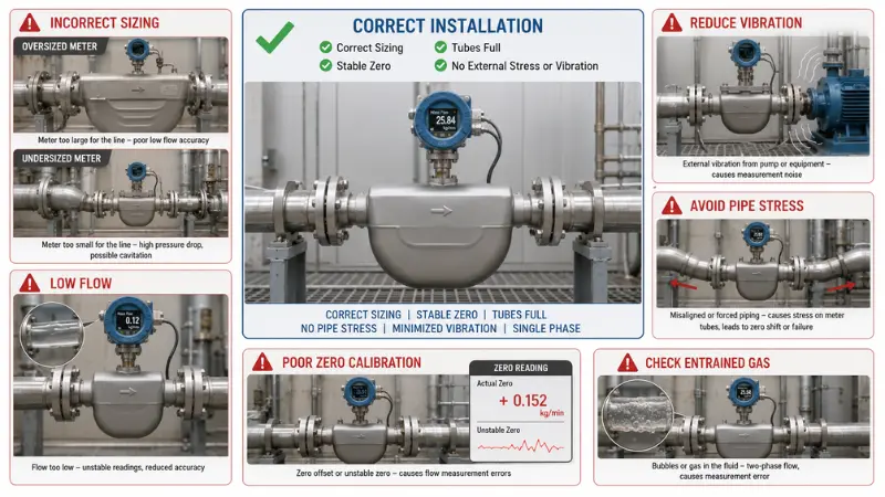 Coriolis flow meter accuracy factors including sizing, zero calibration, pipe stress, vibration, and entrained gas Coriolis flow meter accuracy factors including sizing, zero calibration, pipe stress, vibration, and entrained gas