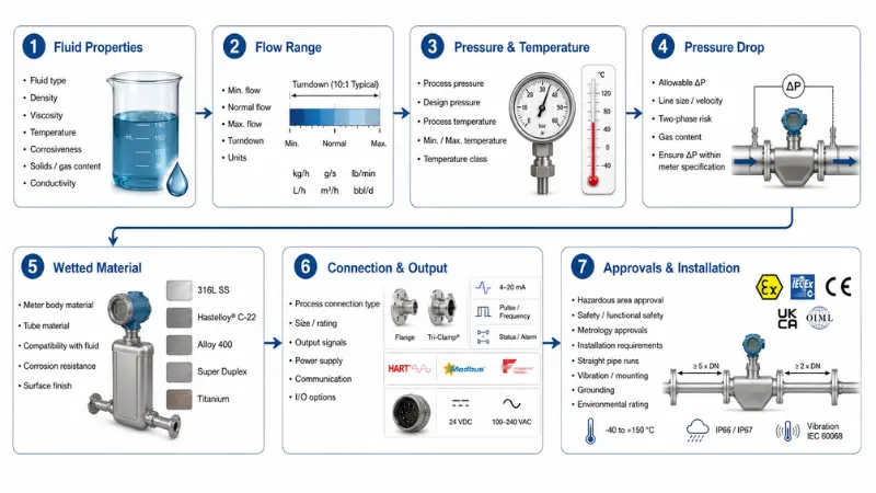 Coriolis flow meter selection checklist covering fluid properties, flow range, pressure drop, materials, outputs, and approvals Coriolis flow meter selection checklist covering fluid properties, flow range, pressure drop, materials, outputs, and approvals